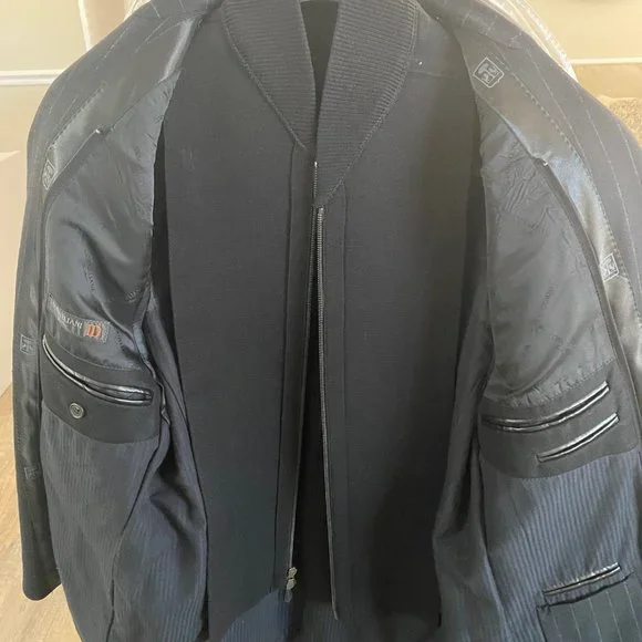 Corneliani Mens black & pin stripe coat with zipper chest piece